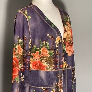 Solitaire M Ladies Purple Floral Open Kimono 3/4 Jacket/Robe Large Pockets
